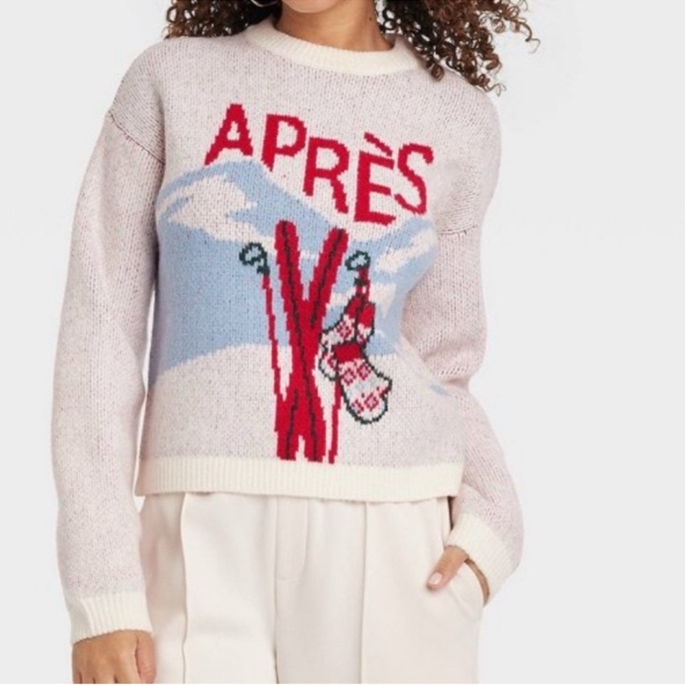 Target Holiday Crewneck Sweater New Day Cream Blue Red Apres Ski Size Large